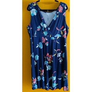 St Johns Bay Knee-length Dress Navy Floral Sleeveless Stretch V-neck 2x Fit Flar